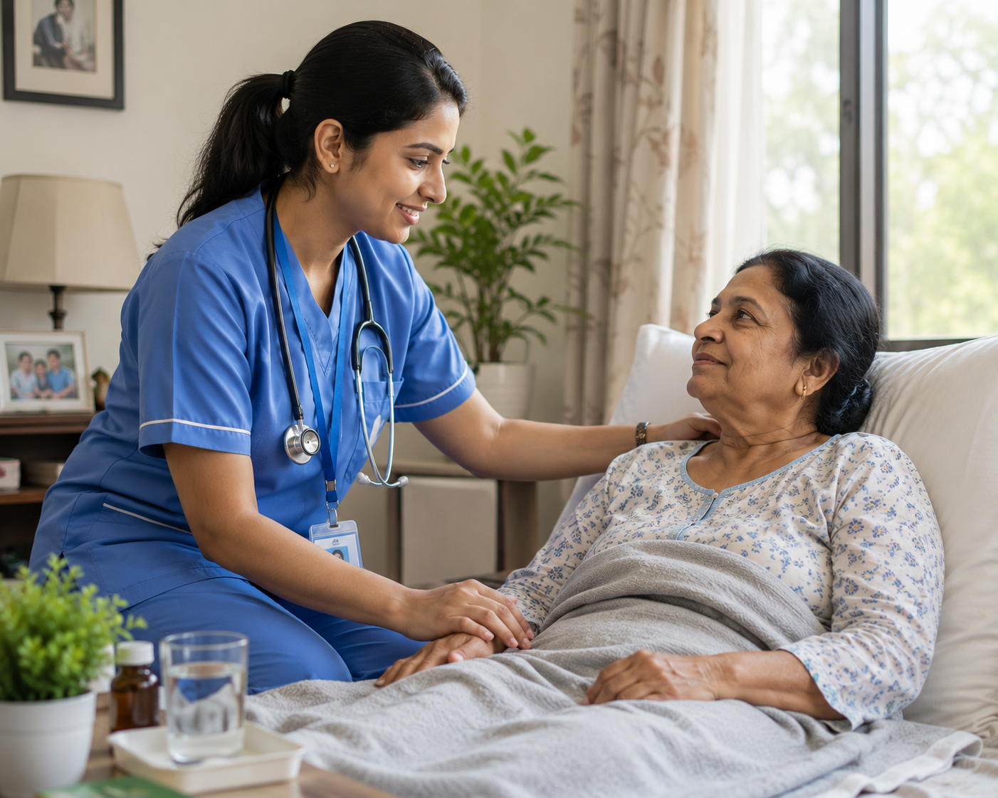 Female nurse caring for patient at home