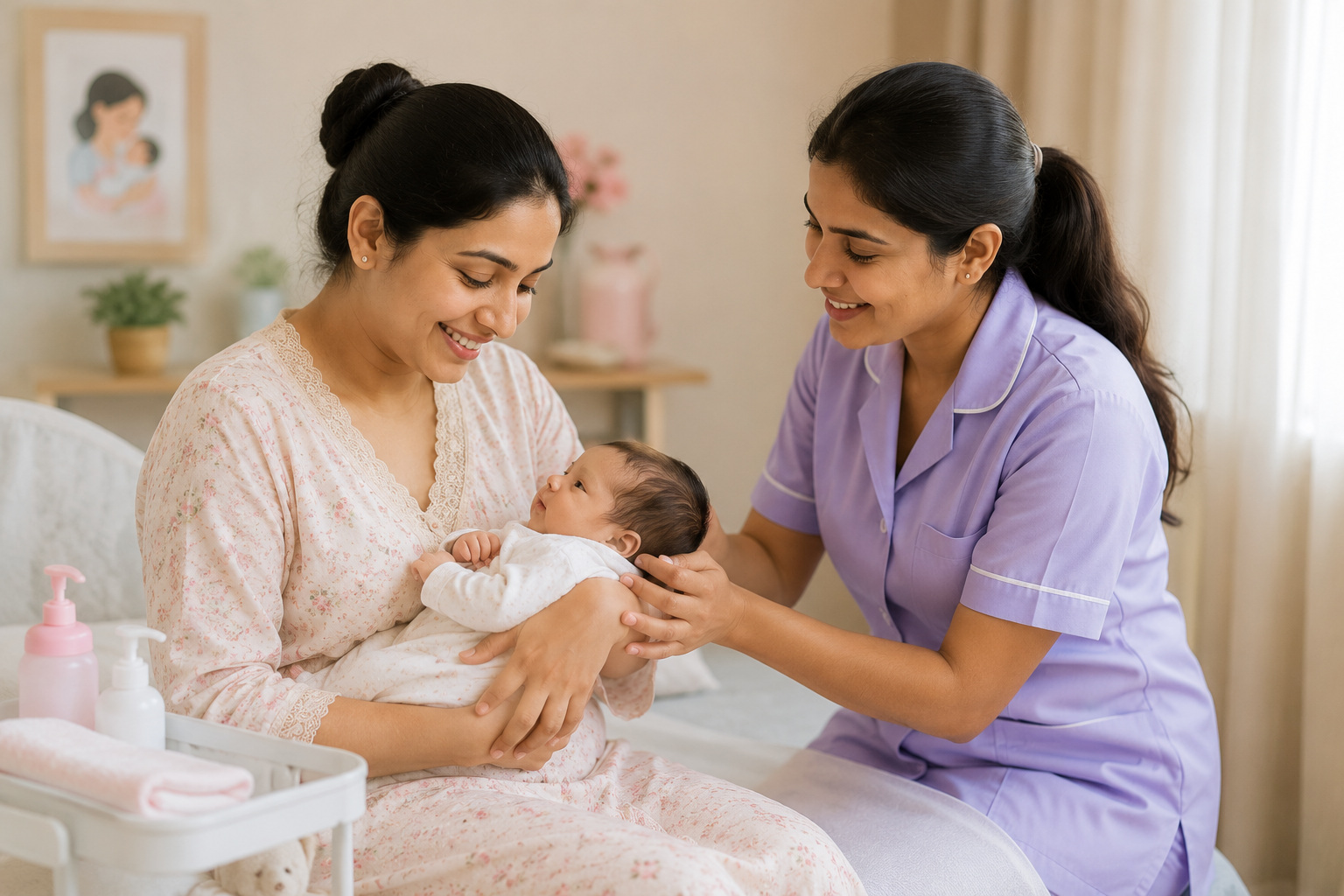 Mother and baby care at home with nurse