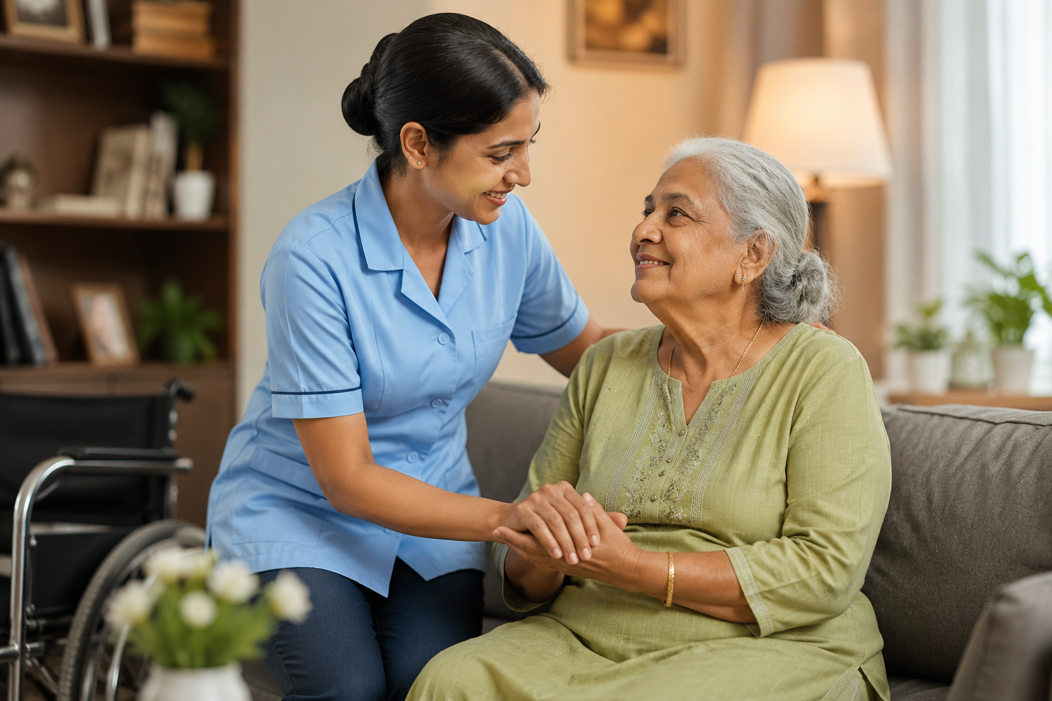 Elderly patient care at home with caregiver