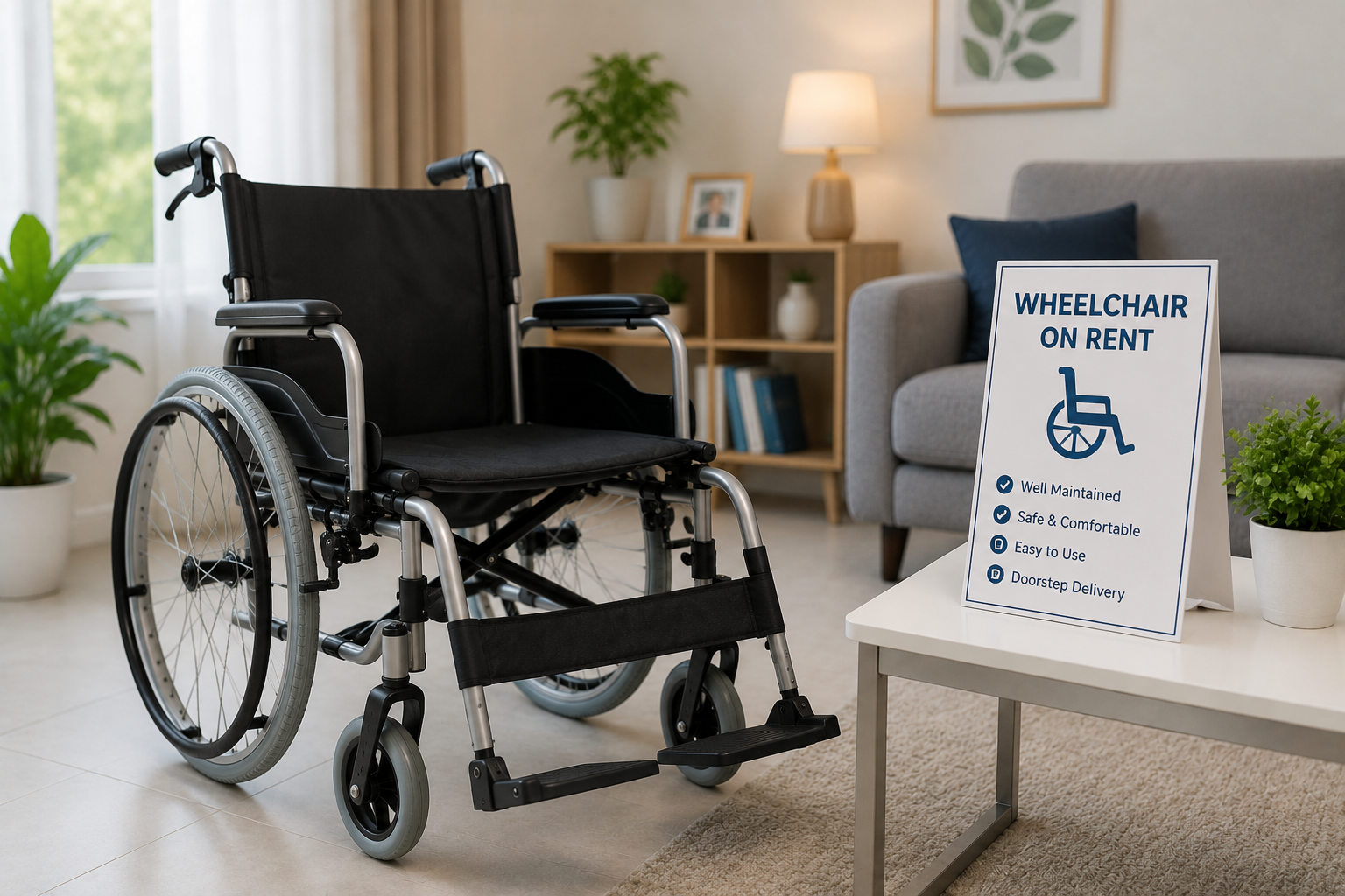 Wheelchair on rent in Noida – standard lightweight wheelchair with armrests